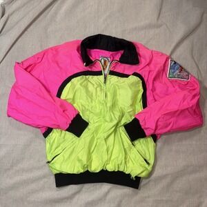 VTG Womens Size XS Hotdogger Neon Windbreaker 1/2 Zip Color Block Arm Logo Patch